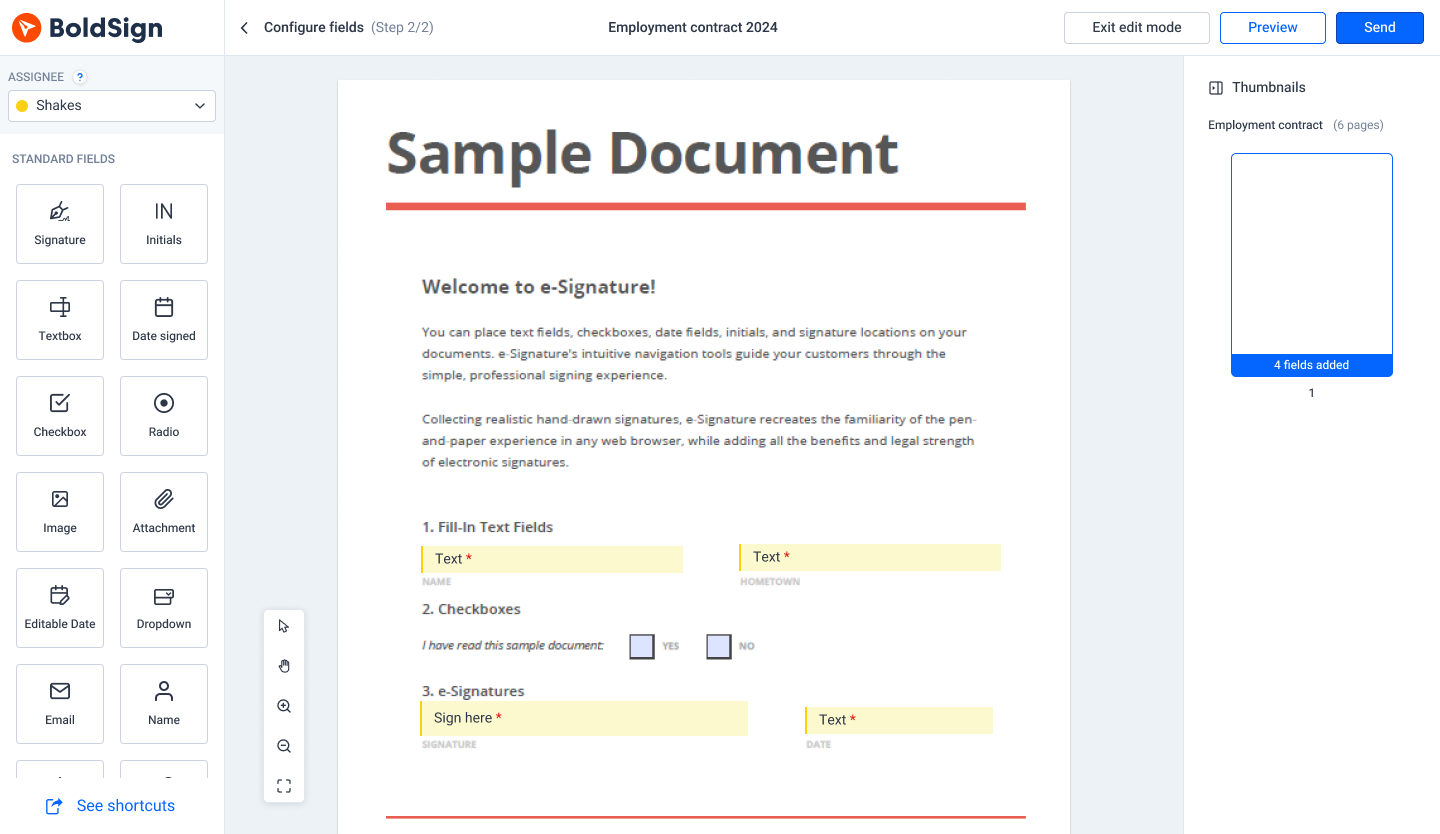Configure signature fields screen